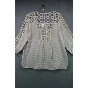 Bila White Cream Chevron Lace 3/4 Sleeve Blouse-Size Large-Summer-Beachy-Texture